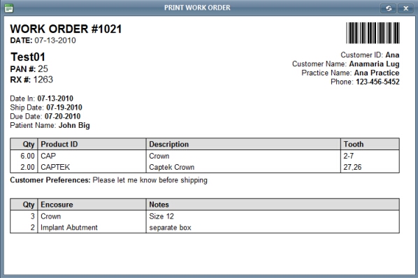 printed workorder